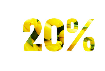 Spring sales or summer.20 percent discount on promotion on white poster,banner.advertising with Numbers on paper, cut out of yellow tulips. for your holiday posters,banners offers percentage discounts