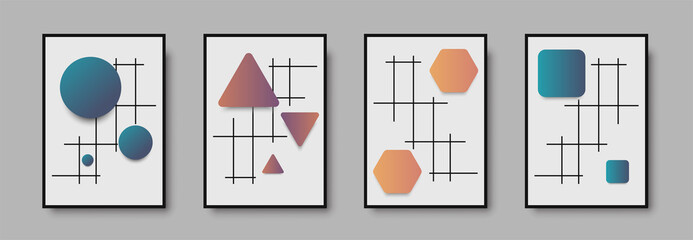 Abstraktes geometrisches Wandkunstdruckset aus der Mitte des Jahrhunderts. Schwarz-Weiß-Poster mit geometrischen Formen für Wandkunst, Innengalerie. Artwork für Wanddekoration mit neutralen Farben, minimal. Vektor-Illustration © Phantasm