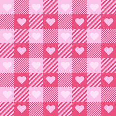 Seamless plaid background pink heart shape. Textured for fabric pattern, tile, book cover, poster, flyer, magazine, packaging, tablecloth, wall. Vector illustration.