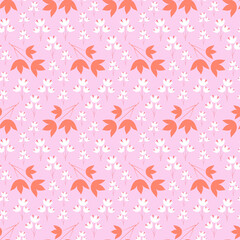 Fototapeta na wymiar Seamless pattern with white flowers and decorative elements of branches on a pink background. Floral background with abstract flowers.