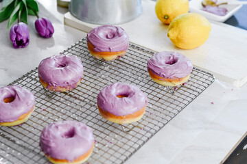 Colorful dessert purple donuts Spring Easter