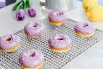 Colorful dessert purple donuts Spring Easter