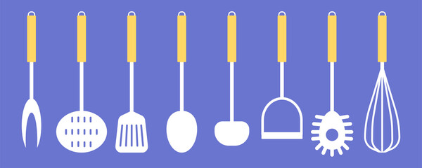 Collection of kitchen tools on a blue background. Set of items for cooking. Vector illustration in flat style.
