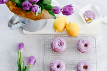 Colorful dessert purple donuts Spring Easter