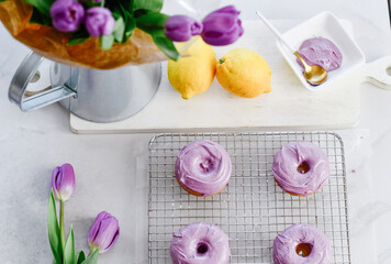 Colorful dessert purple donuts Spring Easter
