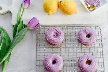 Colorful dessert purple donuts Spring Easter