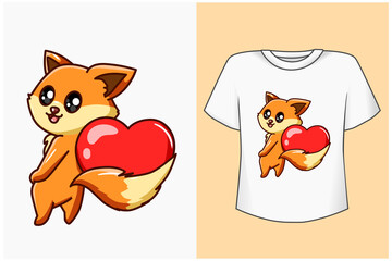 Mockup happy fox with love cartoon illustration