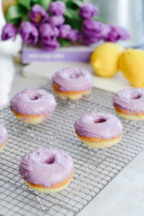 Colorful dessert purple donuts Spring Easter