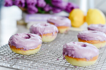 Colorful dessert purple donuts Spring Easter