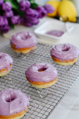 Colorful dessert purple donuts Spring Easter