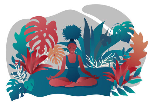 woman meditating in colorful tropical setting clip art preview