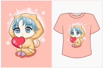 Mockup little boy with love cartoon illustration