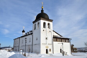 Temple of St. Sergius of Radonezh. orthodox Church with white walls winter snow