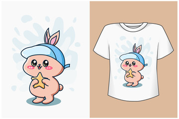 Mockup happy rabbit with hat cartoon illustration