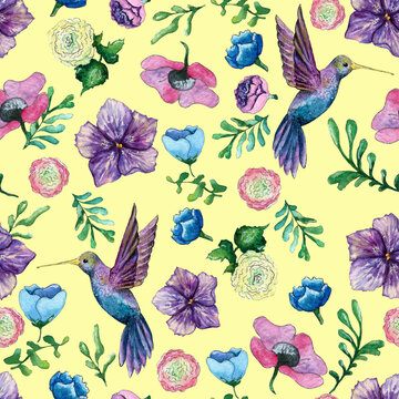 Floral pattern with the hummingbird in shades of purple and blue, hand-painted in watercolor (4000x4000 px)