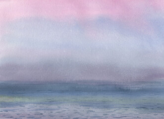 Watercolor illustration of the sea. Morning fog on the sea. Painted with watercolor painting. Watercolor on paper, texture in magenta color.