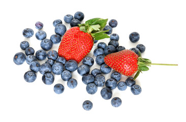 Two ripe juicy strawberries and garden blueberries on white background