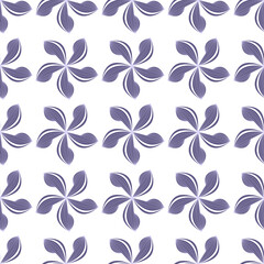 Abstract pattern of five-petal flowers on a white background. Floral seamless background. Simple purple flowers for packaging, fabric, bedding, drawing on dishes.