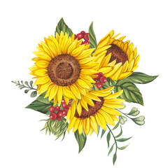 Watercolor illustration with a bouquet of sunflowers and red berries on a white background.
