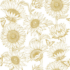 A pattern with sunflowers drawn in a sketch style. Sunflowers have a golden texture.