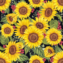 Fototapeta na wymiar Watercolor pattern with a field of sunflowers on a black background. Perfect for designer paper, scrapbooking, textile.