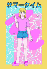 Poster with anime girl personage, cartoon female character. Cover illustration in vaporwave aesthetics style. Japanese text means 