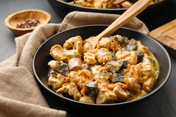 Chicken stroganoff - fried chicken fillet with mushrooms.