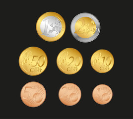 Euro coins collection. Vector illustration of money. Set of realistic coins on the black background