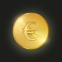 Euro vector illustration. Golden realistic coin. Luxury euro on black background. EUR coin with glow. Isolated elements.