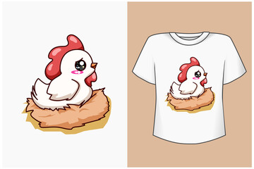Mockup happy white hen cartoon illustration