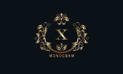 Exquisite bronze monogram on a dark background with the letter X. Stylish logo is identical for a restaurant, hotel, heraldry, jewelry, labels, invitations.