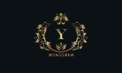 Exquisite bronze monogram on a dark background with the letter Y. Stylish logo is identical for a restaurant, hotel, heraldry, jewelry, labels, invitations.