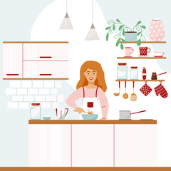 Vector illustration of a beautiful kitchen interior. Flat illustration. Cute smiling girl prepares food.