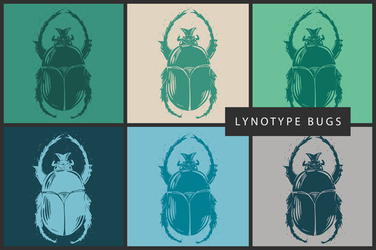 Bug silhouette sketch icon drawn on blue green background for print design. Art element. Tattoo style design. Hand drawn illustration. Art&ink.
