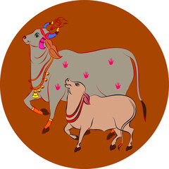 Holy cow in Kalamkari Indian traditional folk art on linen fabrics. It can be used for a coloring book, textile/ fabric prints, phone case, greeting card. logo, calendar