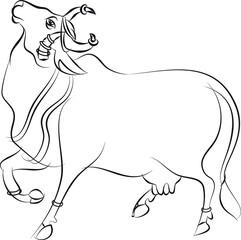 Holy cow in Kalamkari Indian traditional folk art on linen fabrics. It can be used for a coloring book, textile/ fabric prints, phone case, greeting card. logo, calendar