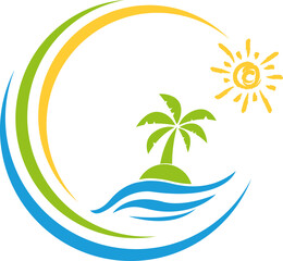 Fototapeta na wymiar Insel, Sonne, Palme, Tropical island, Logo 