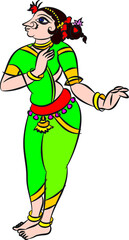 Kalamkari Indian traditional art on linen fabrics. Gopika or Lord's lady servants are drawn in different backgrounds. for textile printing, logo, wallpaper