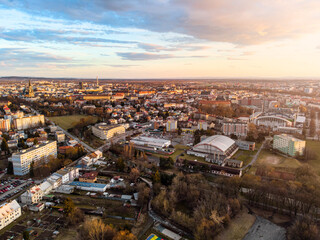 Olomouc, Czechia - 13 03 2021: Aerial view of Olomouc from north in sunset, with historical center and Ander stadium