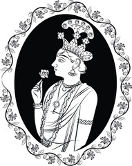 Lord Krishna Indian God of love. in Madhuni painting style on wall, Jaipur, Rajasthan