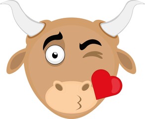 Vector illustration of a cartoon bull's head with a wink in one eye and giving a heart-shaped kiss