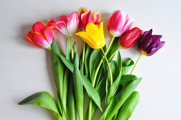 Bouquet of pink, yellow and violet tulips on white table