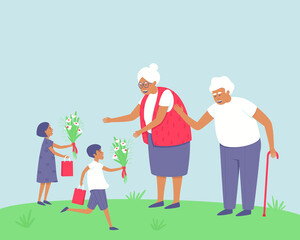 A girl and a boy give flowers and gifts to their grandparents. Holiday. The children are glad they saw their grandparents. Spring and summer seasons. Flat vector illustration.