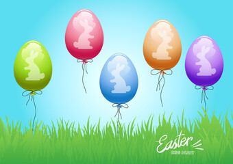 Happy Easter card with bunnies silhouette on balloons background. Vector illustration