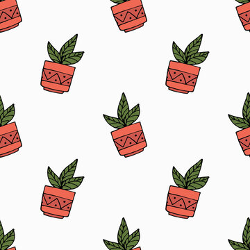 seamless doodle pattern red pots with flowers on a white background. hand drawing. ornament for printing on fabrics, wallpaper, paper, packaging. graphics and design
