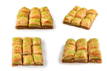 Pistachio baklava on a white background. Dessert.