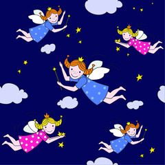 Seamless pattern with girls. Fairies and clouds. Flying angels.