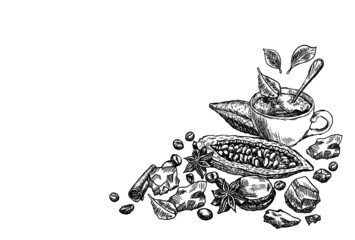 Hand drawn composition of ingredients for making delicious chocolate. Cover for the cafe menu. Coffee, tea, cocoa beans and butter, mug with hot drink and cloves spices isolated on white background