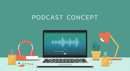 Podcast concept. Broadcasting online live streaming on laptop computer or on radio station, vector flat design illustration