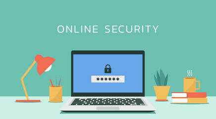 online security on laptop computer with padlock and password or verification code notification concept, vector flat design illustration
